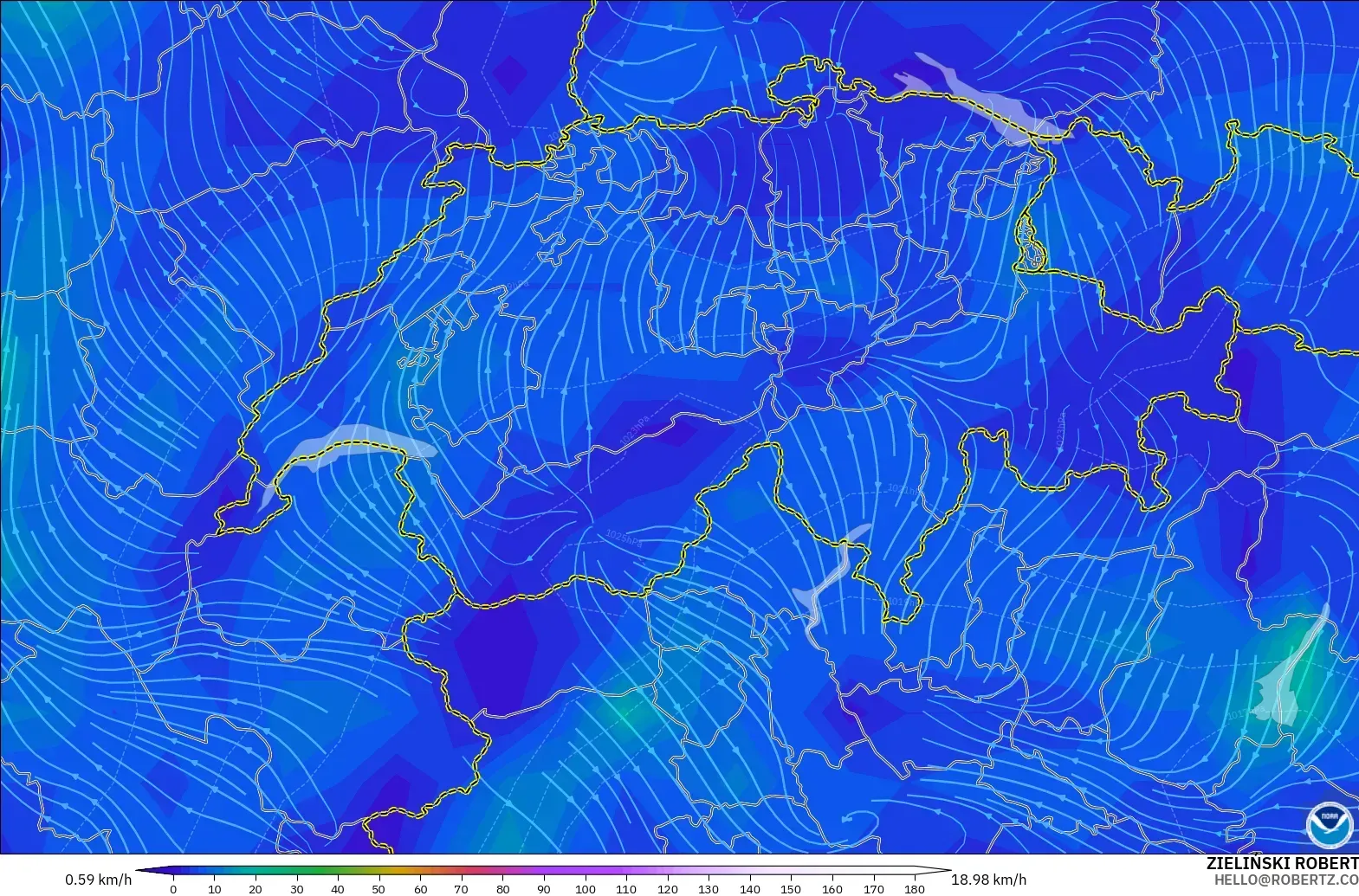 GFS modelo - Suiza, Viento a 10 m