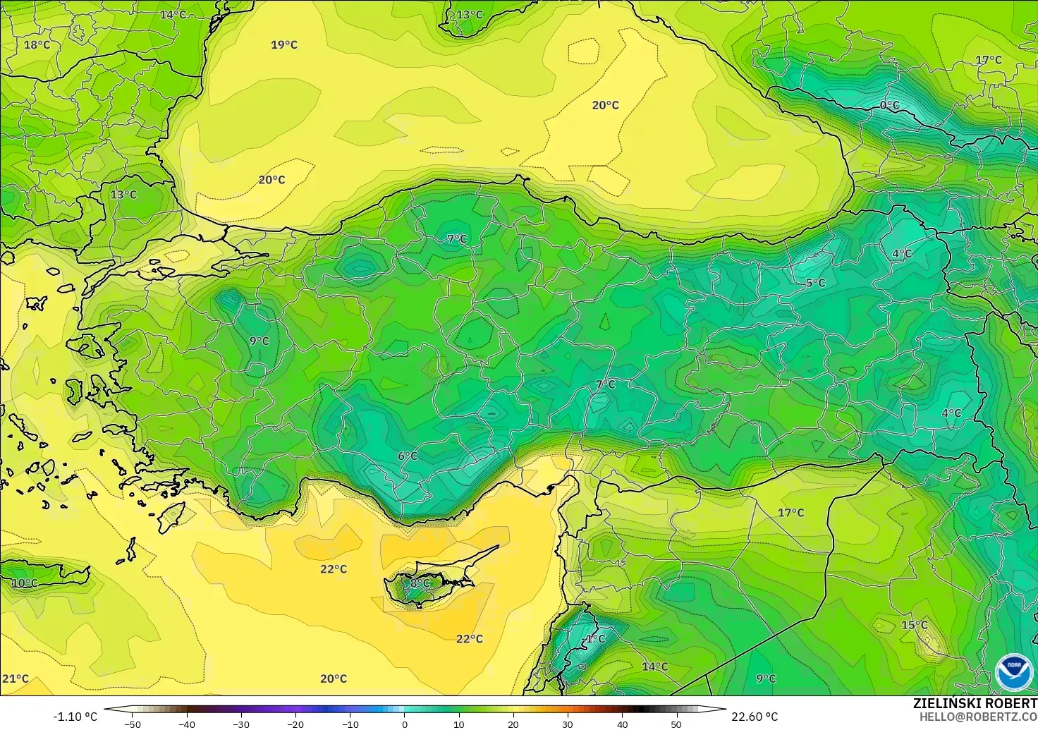 GFS modelo - Turquía, Punto de rocío a 2 m