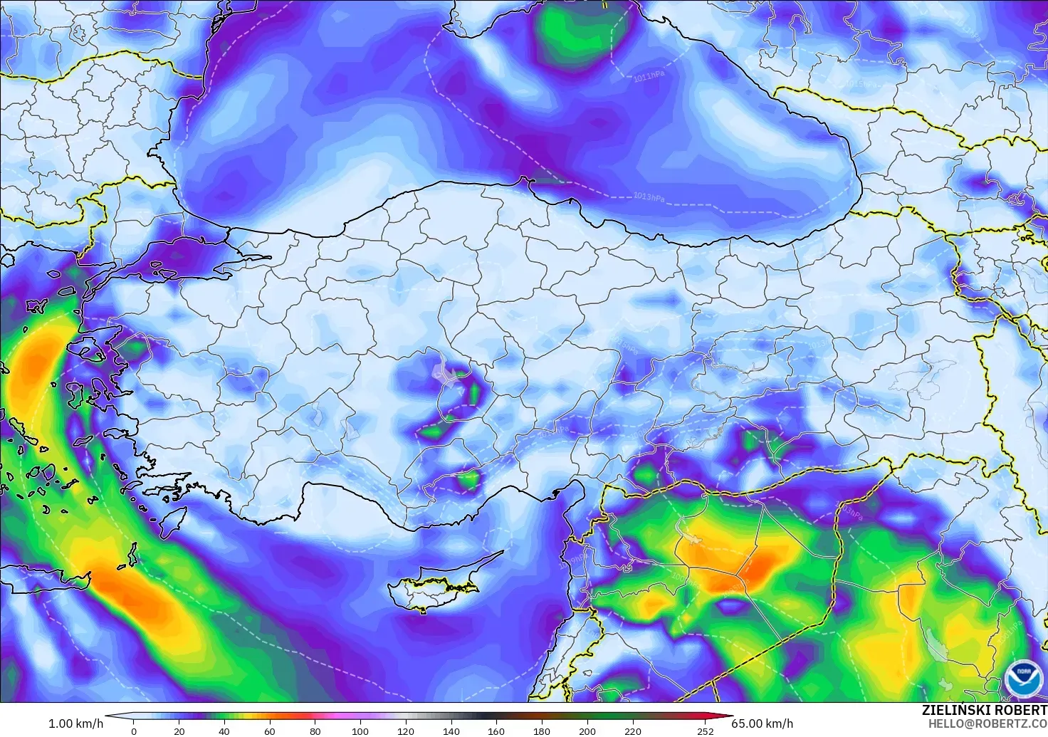 GFS modelo - Turquía, Ráfagas de Viento Máximas