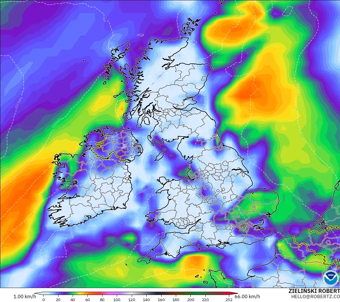 GFS modelo - Reino Unido, Ráfagas de Viento Máximas