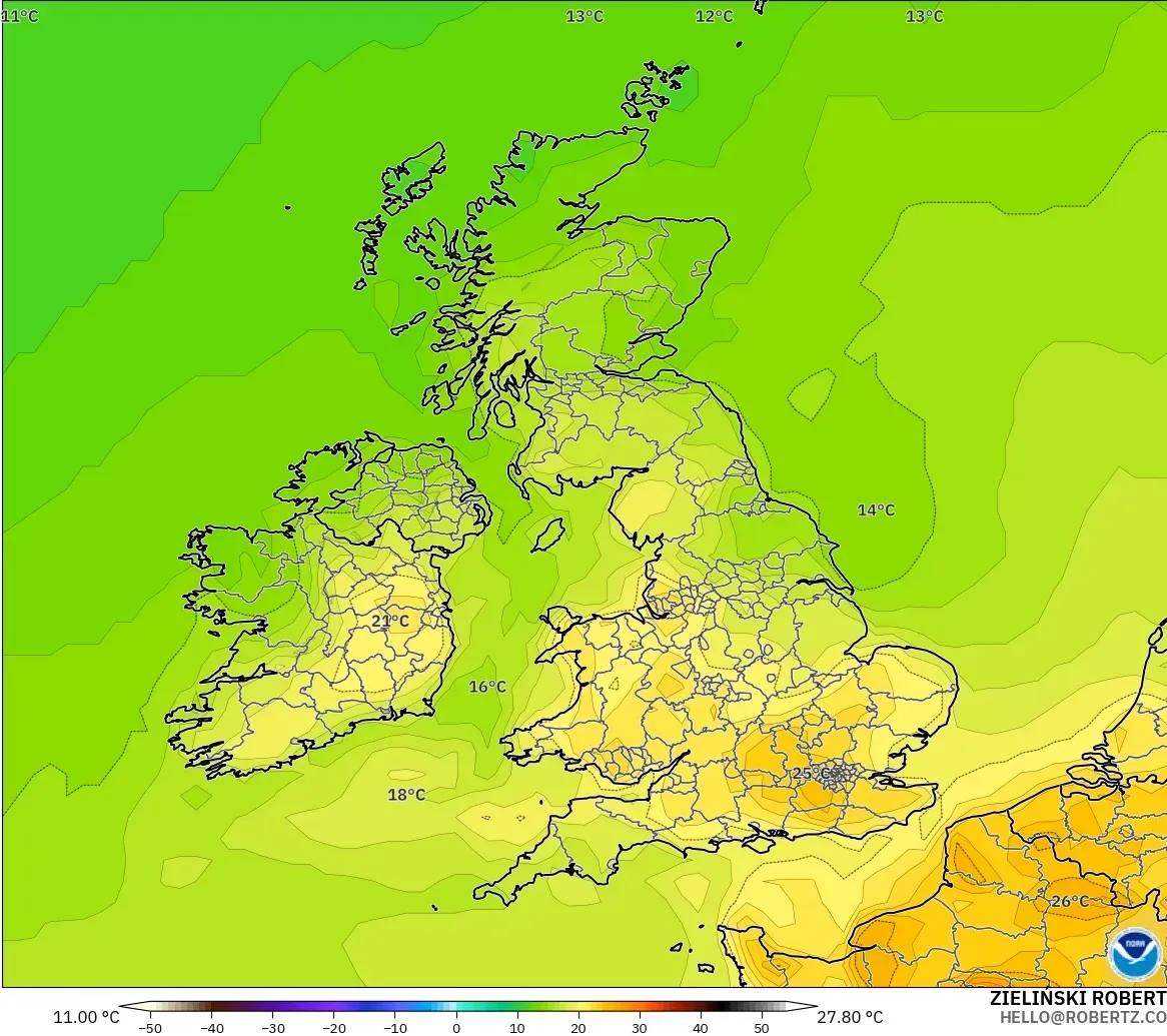GFS modelo - Reino Unido, Temperatura a 2 m