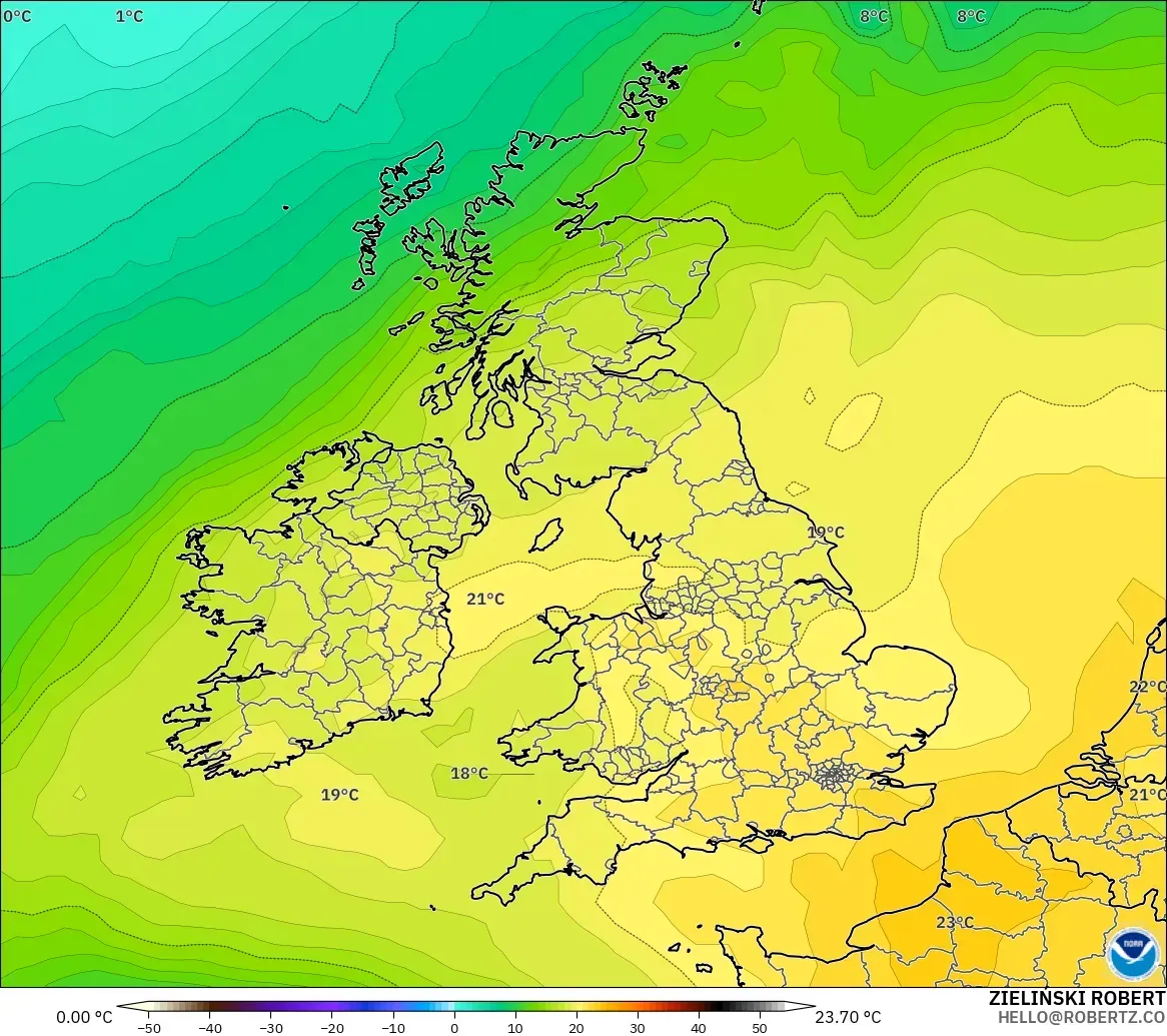 GFS modelo - Reino Unido, Temperatura a 850 hPa