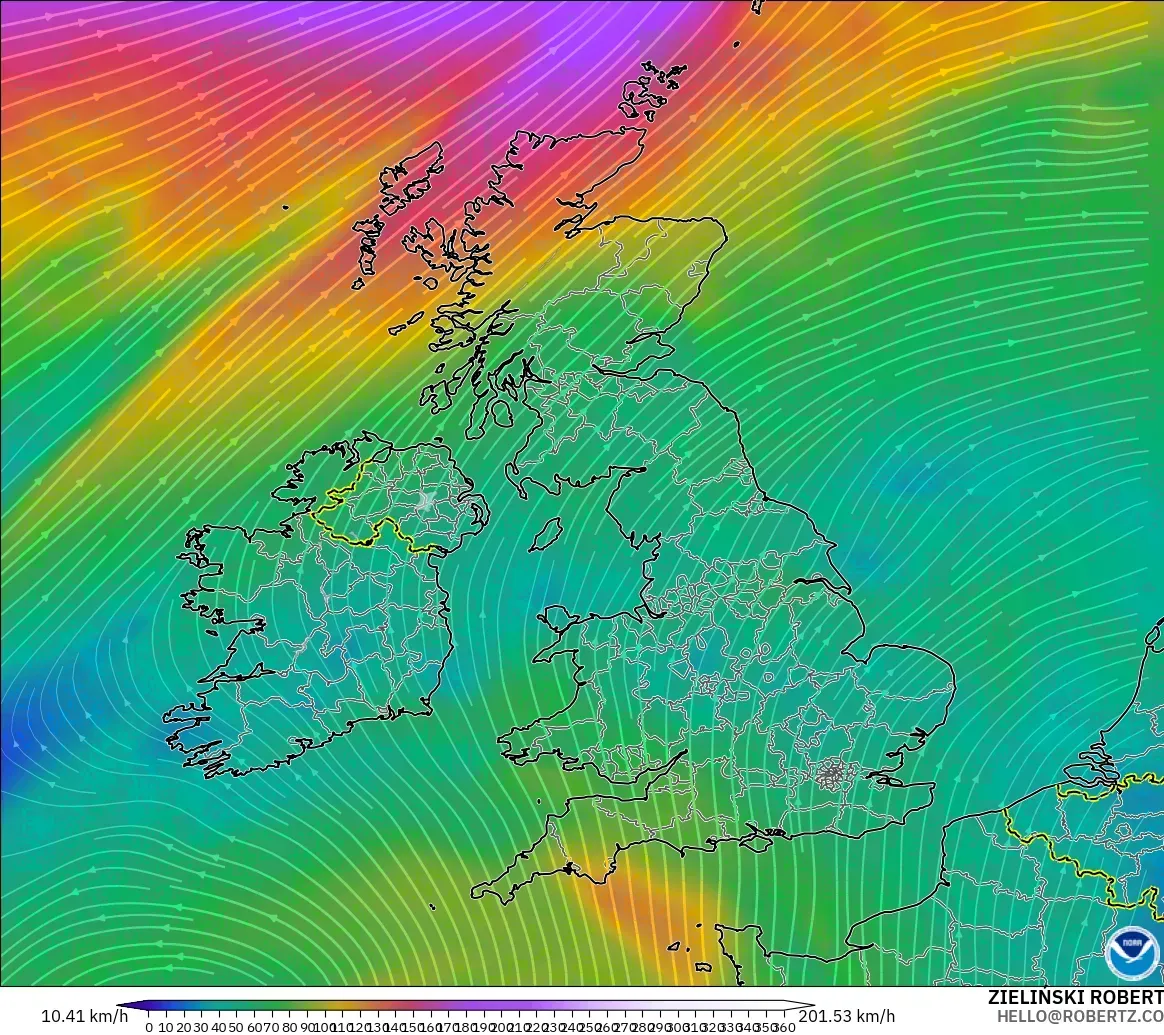 GFS modelo - Reino Unido, Viento a 300 hPa (corriente en chorro)