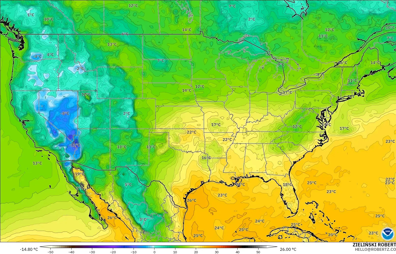 GFS modelo - Estados Unidos, Punto de rocío a 2 m