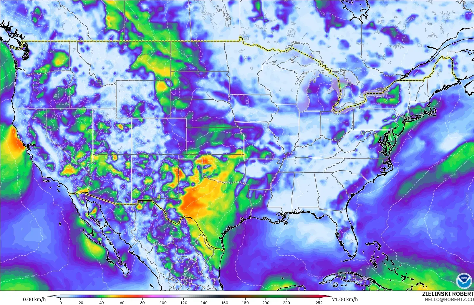 GFS modelo - Estados Unidos, Ráfagas de viento