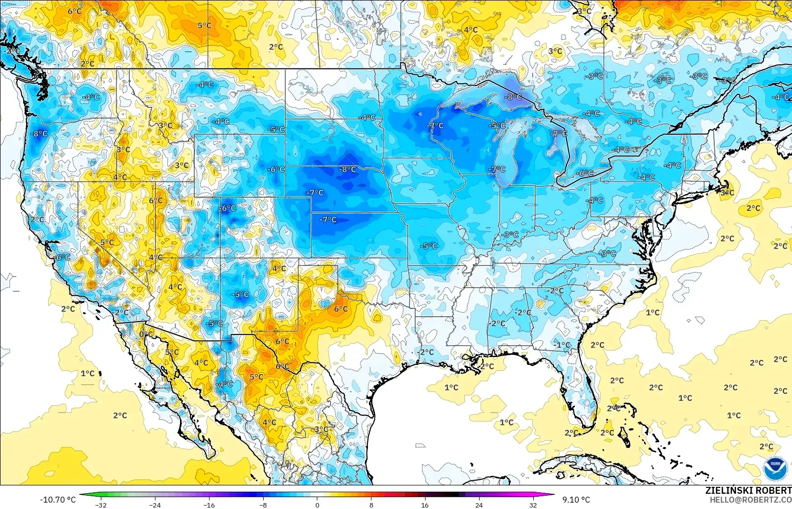 GFS modelo - Estados Unidos, Anomalía de temperatura a 2 m