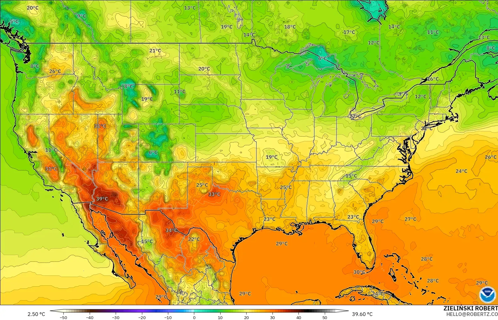 GFS modelo - Estados Unidos, Temperatura a 2 m