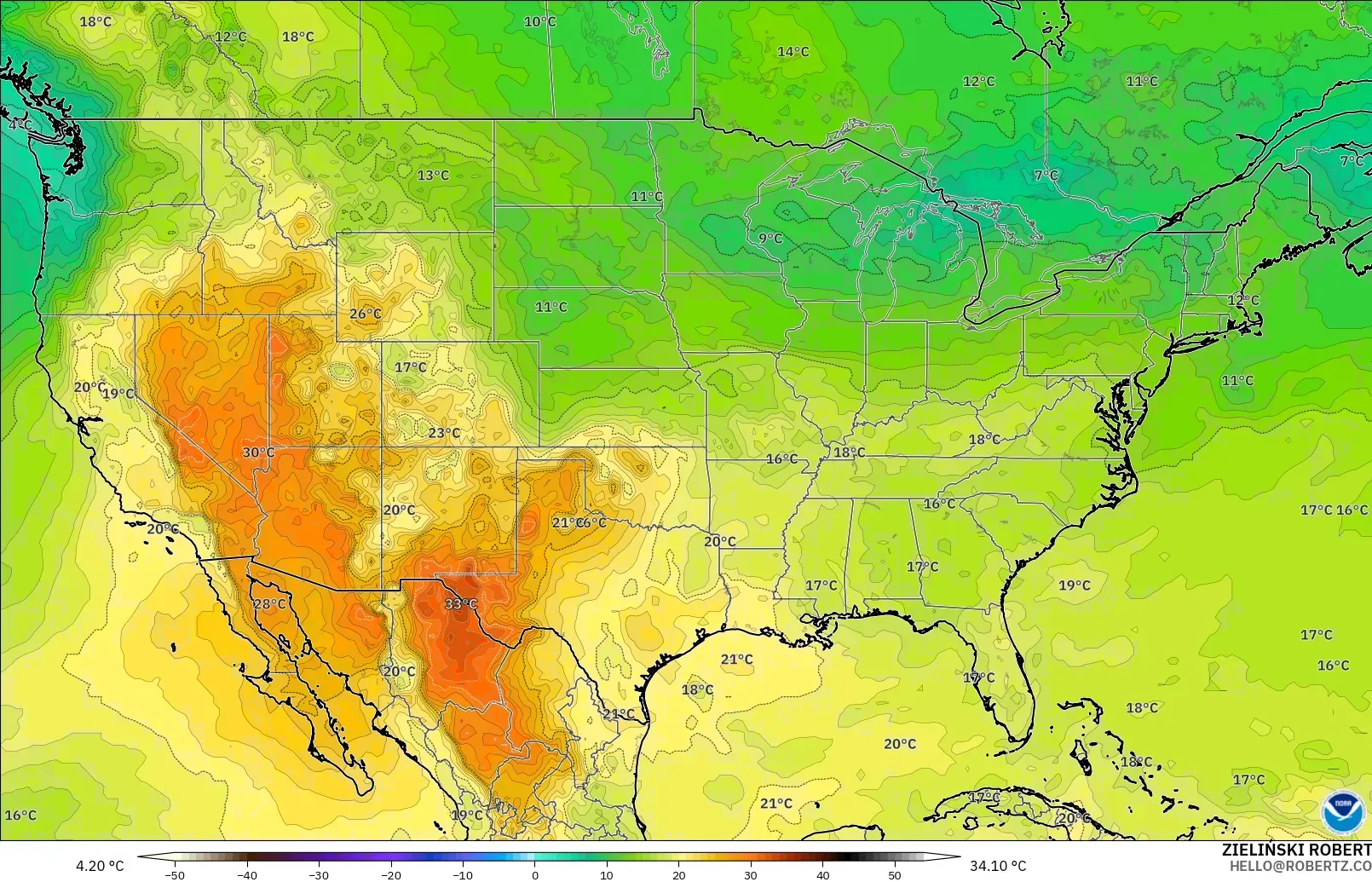 GFS modelo - Estados Unidos, Temperatura a 850 hPa