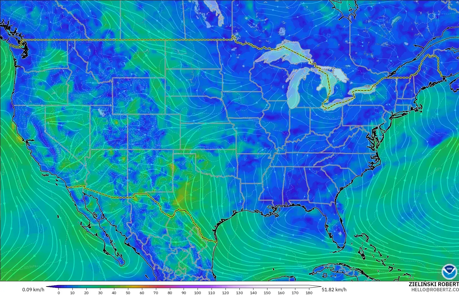 GFS modelo - Estados Unidos, Viento a 10 m
