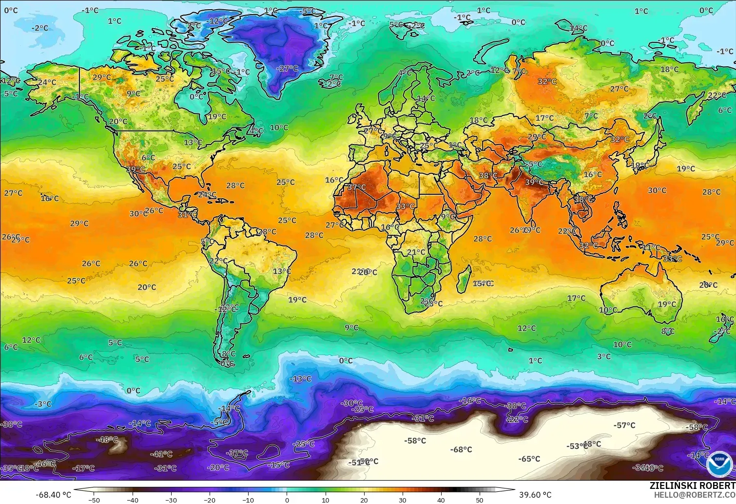 GFS modelo - Mundo, Temperatura a 2 m