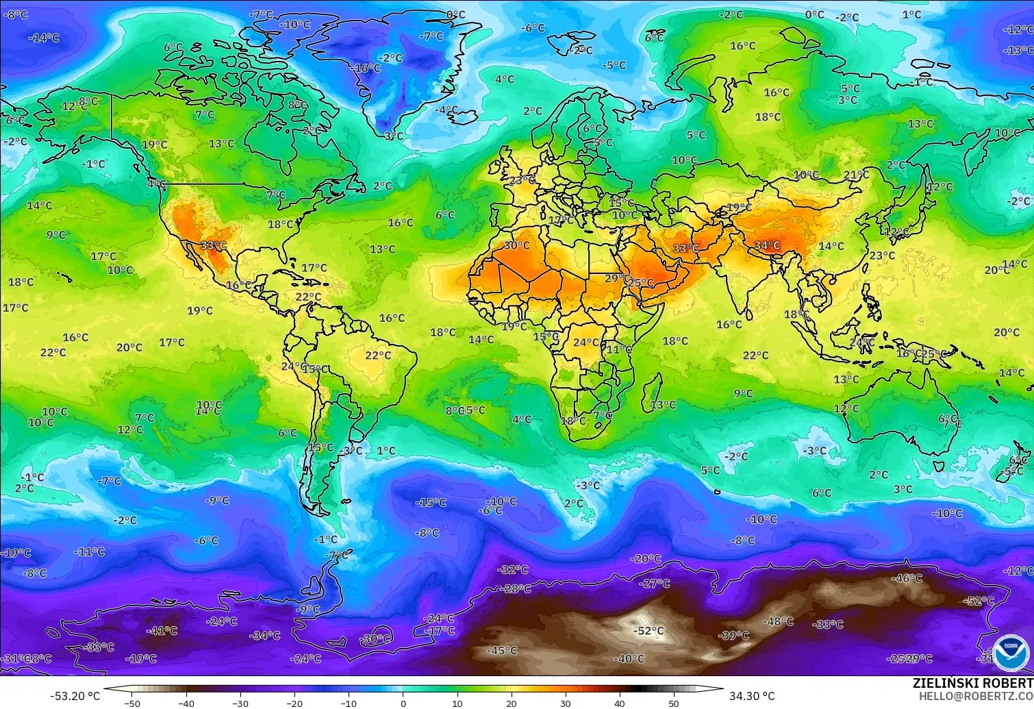 GFS modelo - Mundo, Temperatura a 850 hPa
