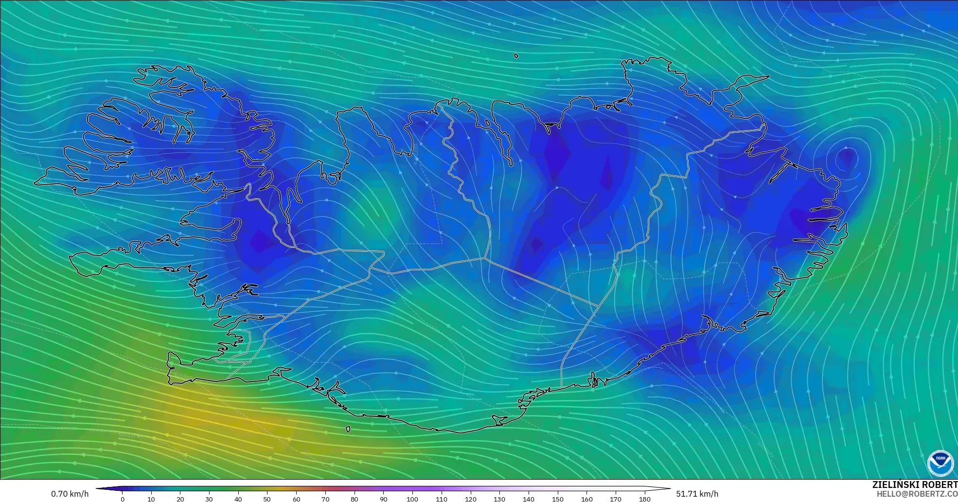 GFS modelo - Islandia, Viento a 10 m