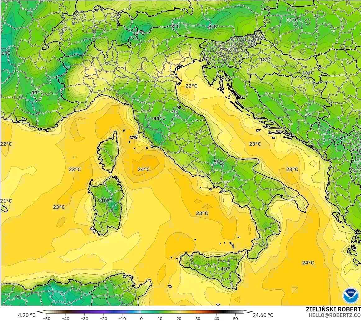GFS modelo - Italia, Punto de rocío a 2 m