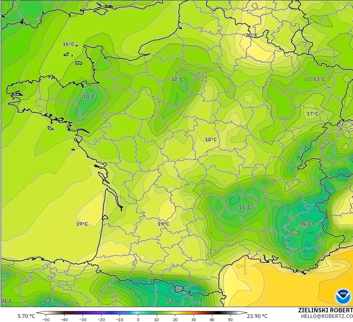 GFS modelo - Francia, Punto de rocío a 2 m