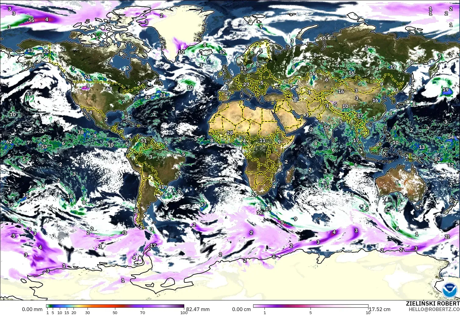 GFS modelo - Mundo, Precipitación, nubes y presión