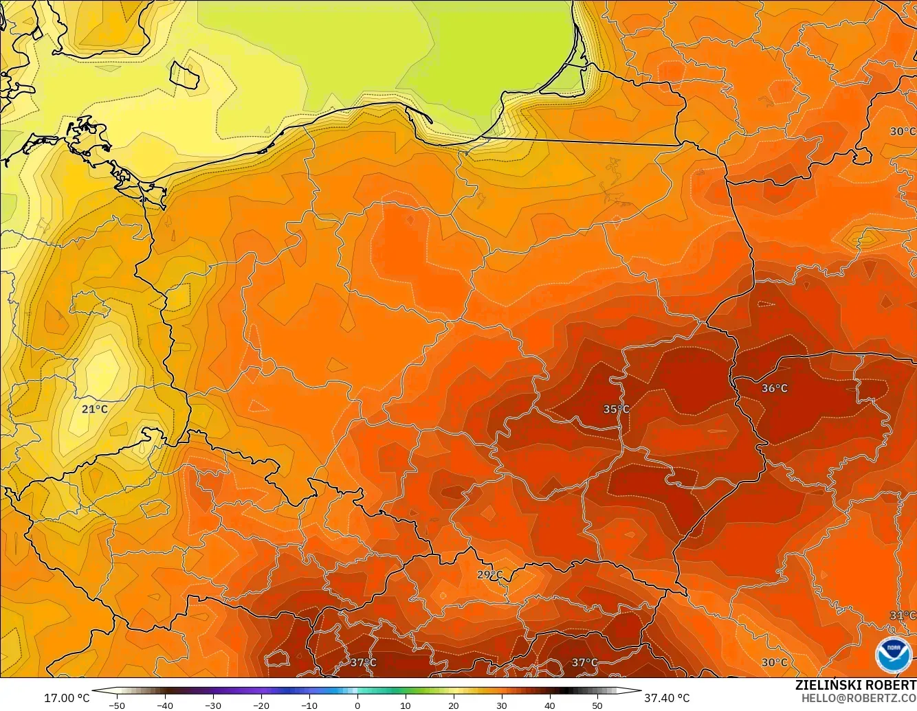 GFS modelo - Polonia, Temperatura a 2 m