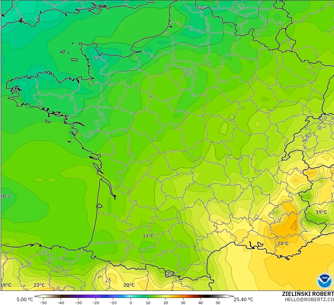 GFS modelo - Francia, Temperatura a 850 hPa