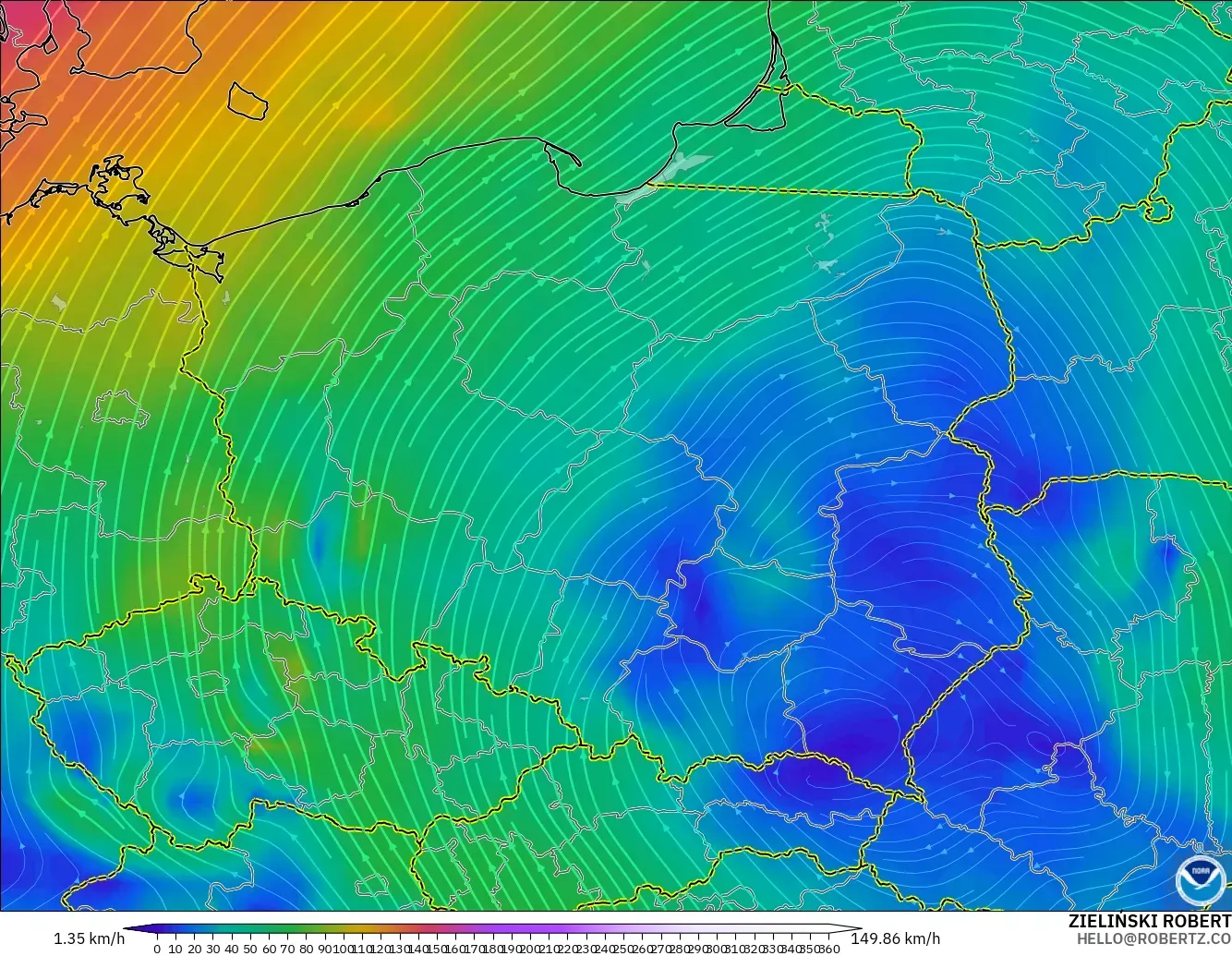 GFS modelo - Polonia, Viento a 300 hPa (corriente en chorro)