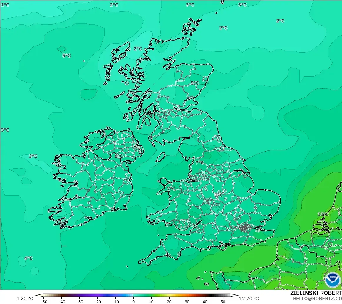 GFS modelo - Reino Unido, Temperatura a 850 hPa