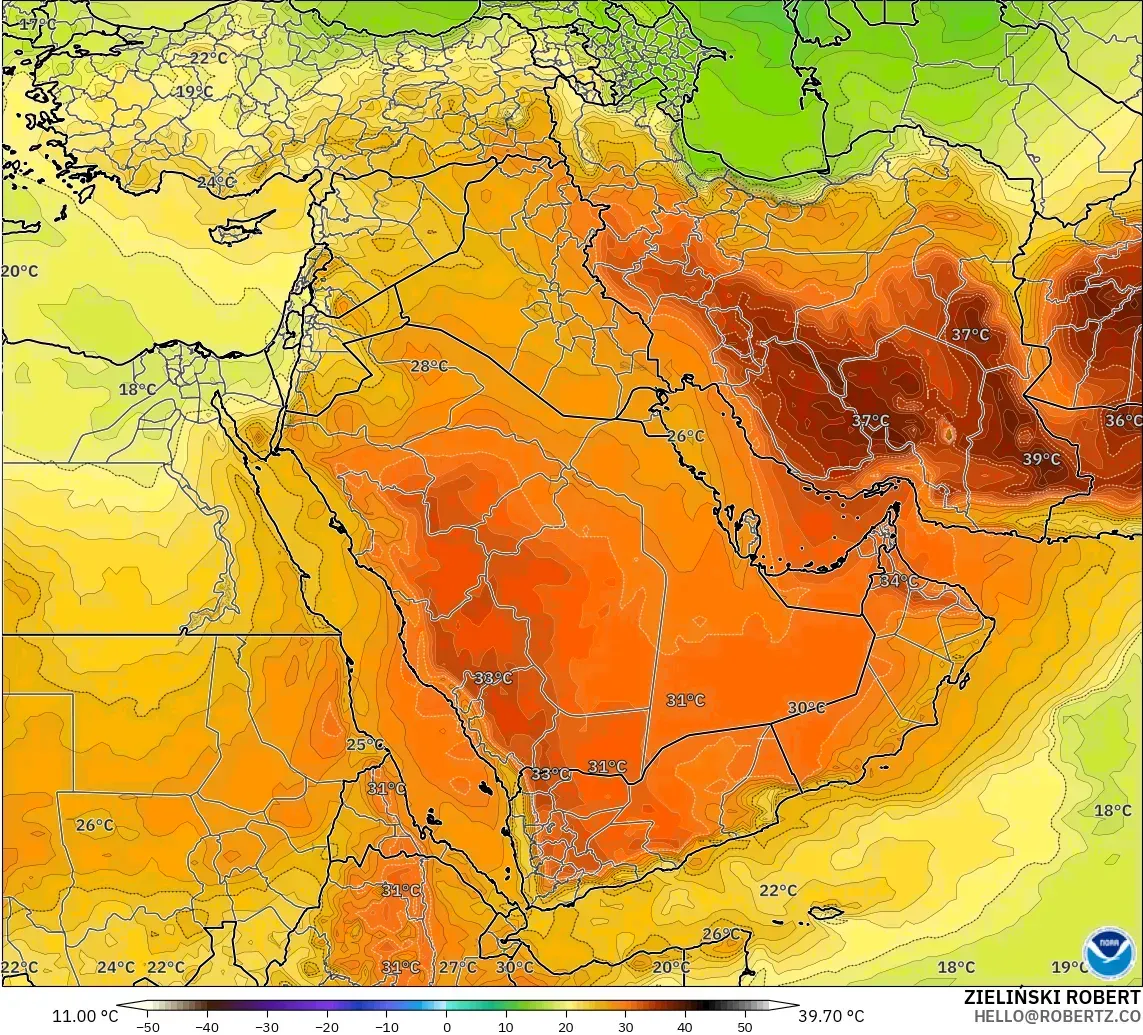 GFS modelo - Oriente Medio, Temperatura a 850 hPa