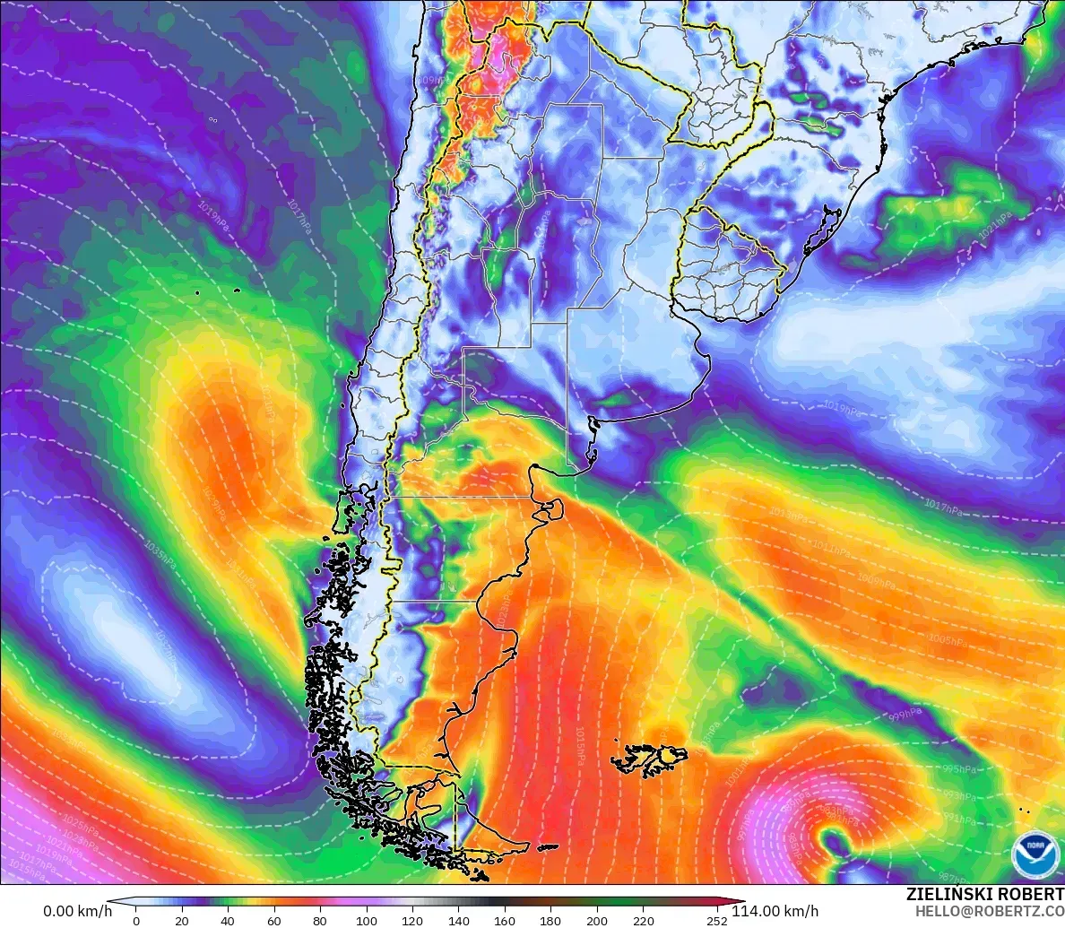 GFS modelo - Argentina, Ráfagas de Viento Máximas