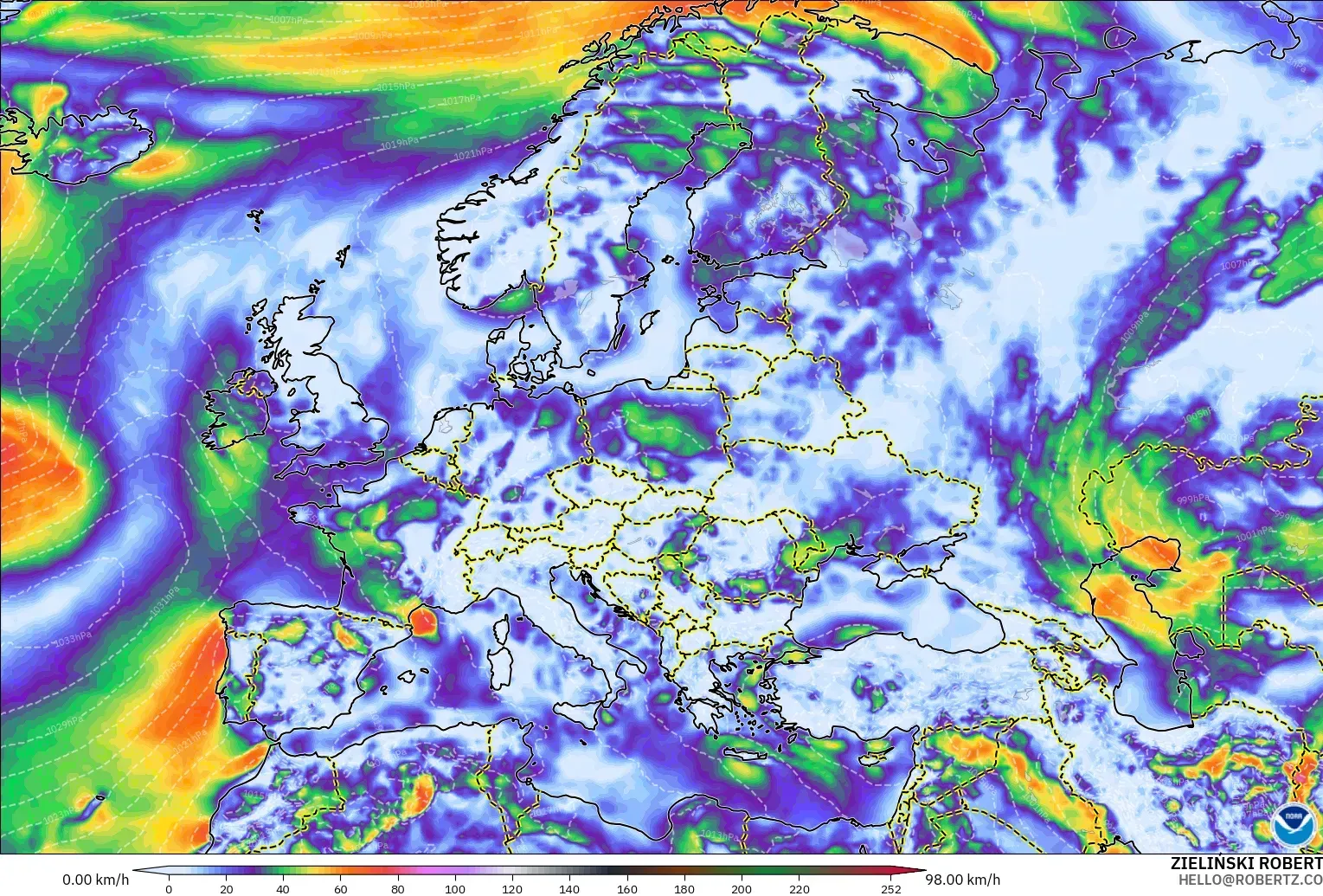 GFS modelo - Europa, Ráfagas de Viento Máximas