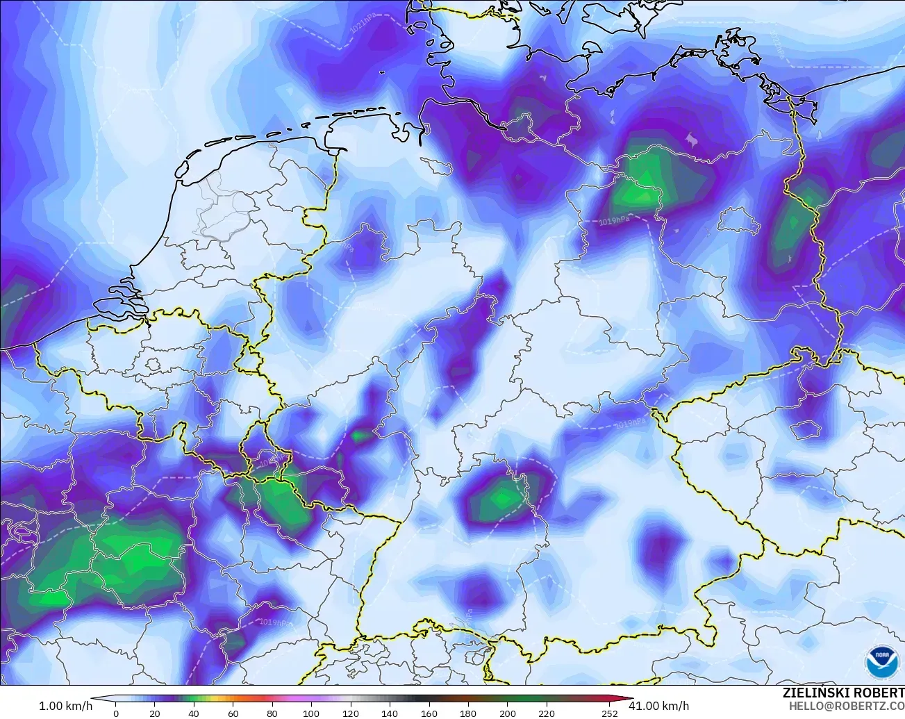 GFS modelo - Alemania, Ráfagas de Viento Máximas