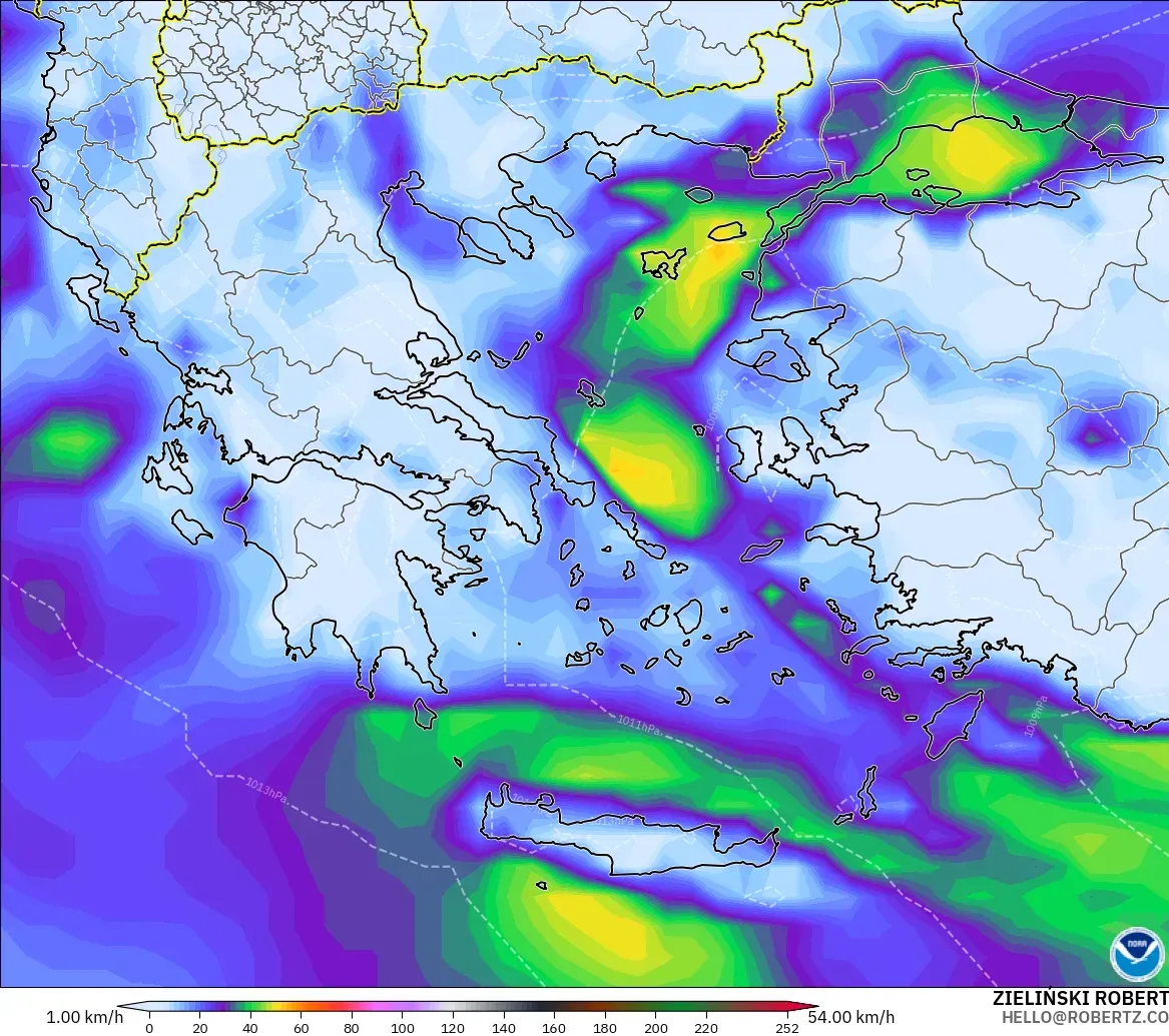 GFS modelo - Grecia, Ráfagas de Viento Máximas
