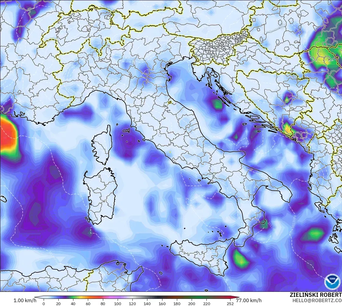 GFS modelo - Italia, Ráfagas de Viento Máximas