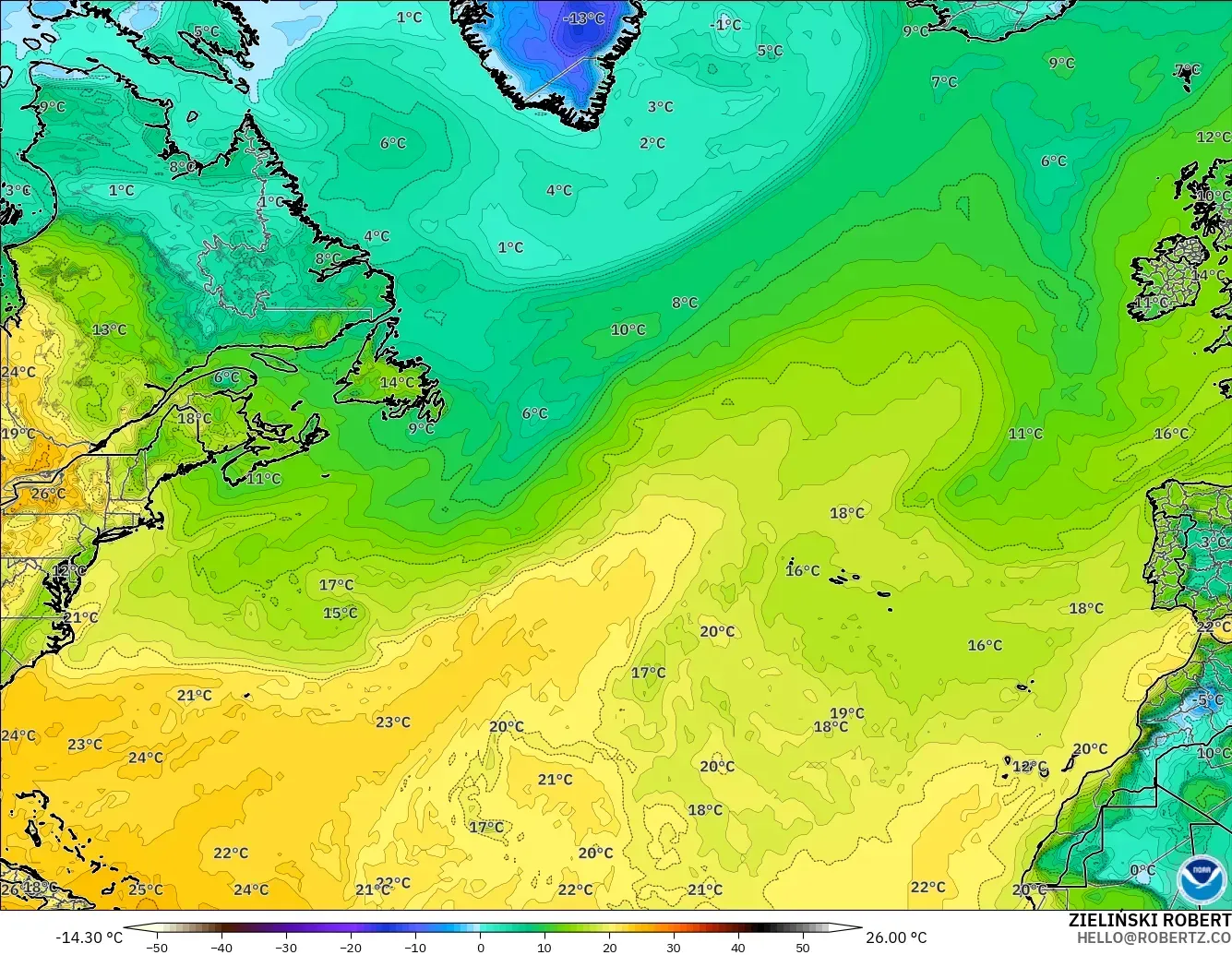 GFS modelo - Norte Atlántico, Punto de rocío a 2 m