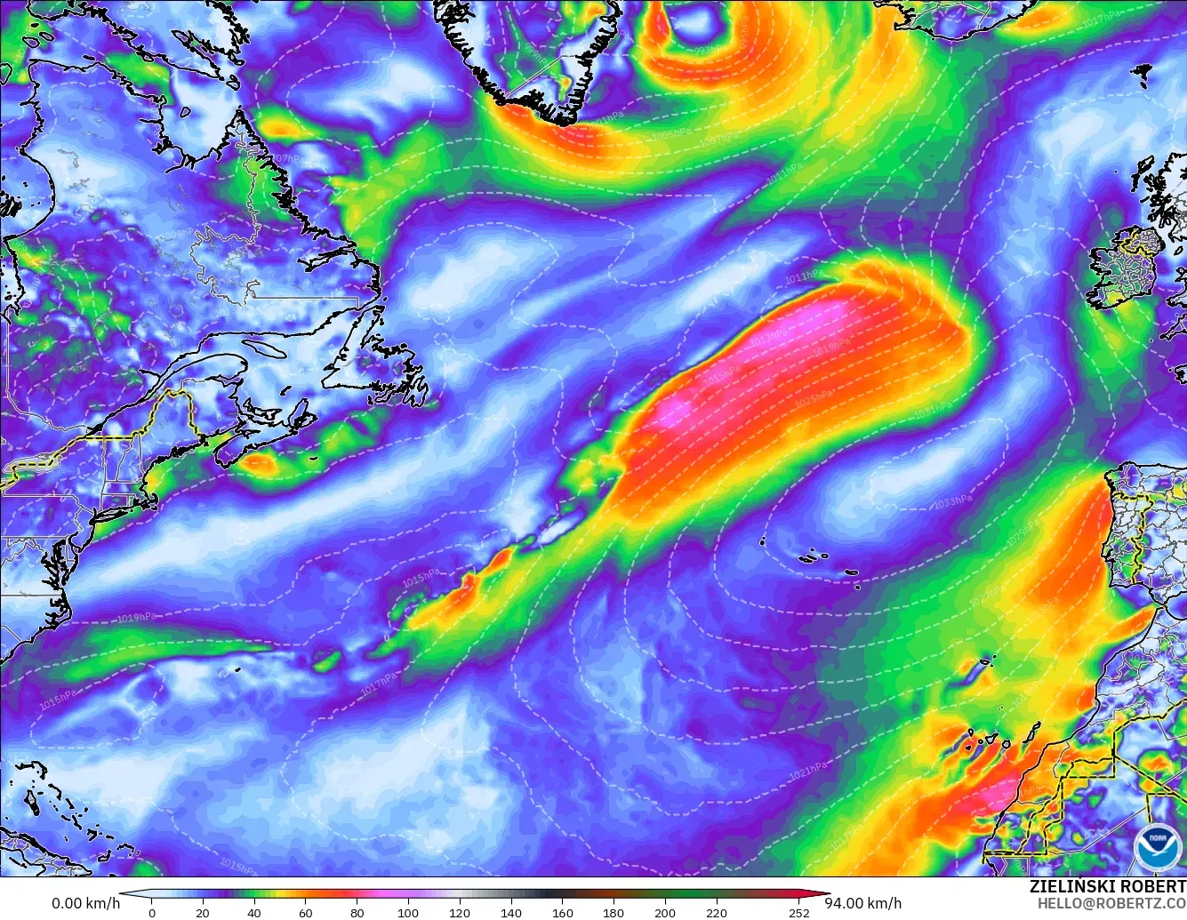 GFS modelo - Norte Atlántico, Ráfagas de Viento Máximas