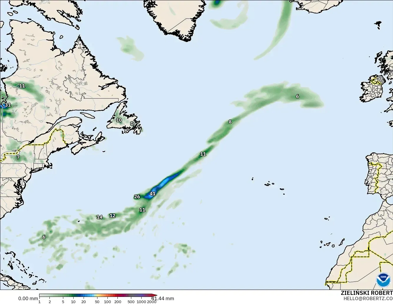 GFS modelo - Norte Atlántico, Acumulación de precipitación