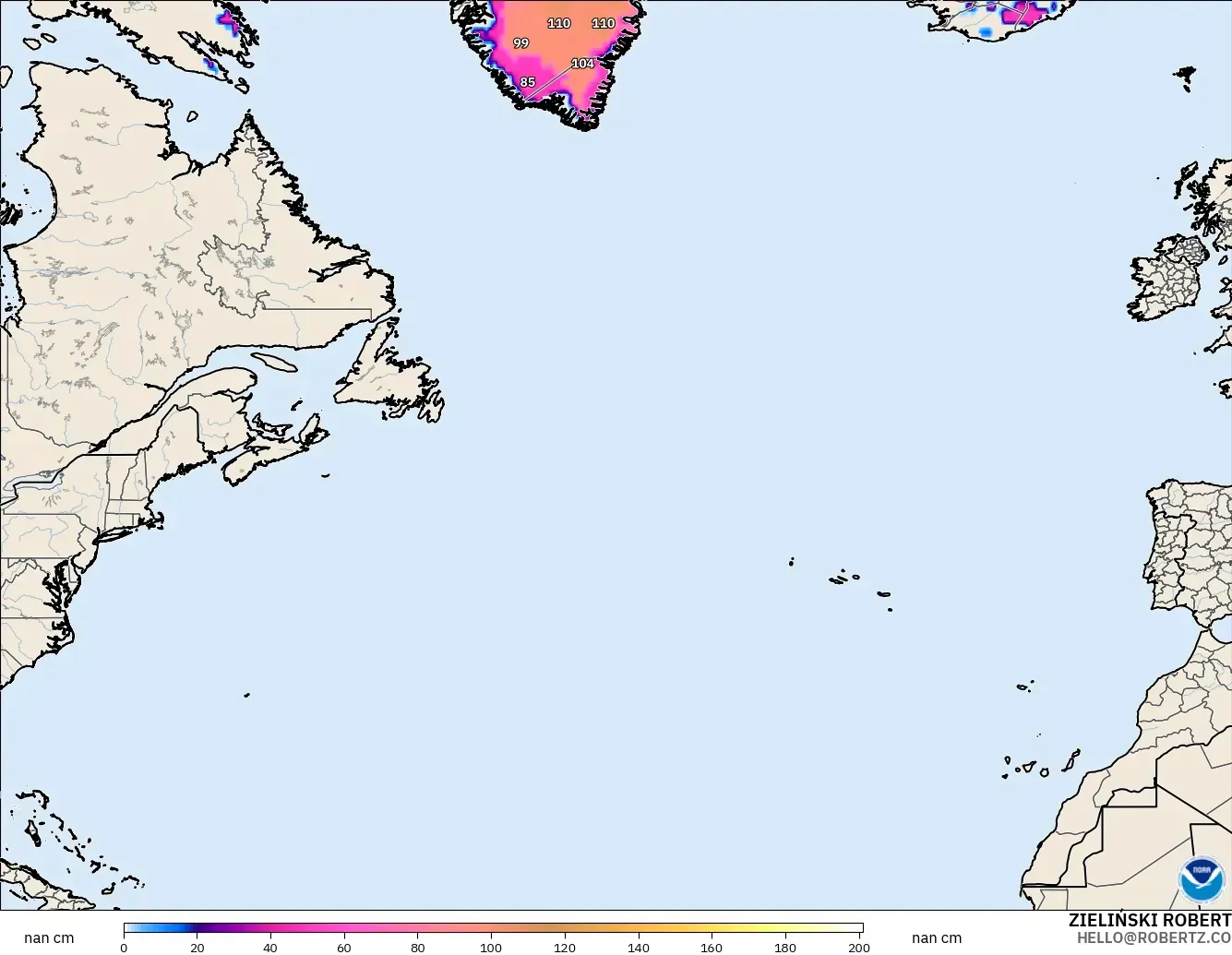 GFS modelo - Norte Atlántico, Profundidad de nieve