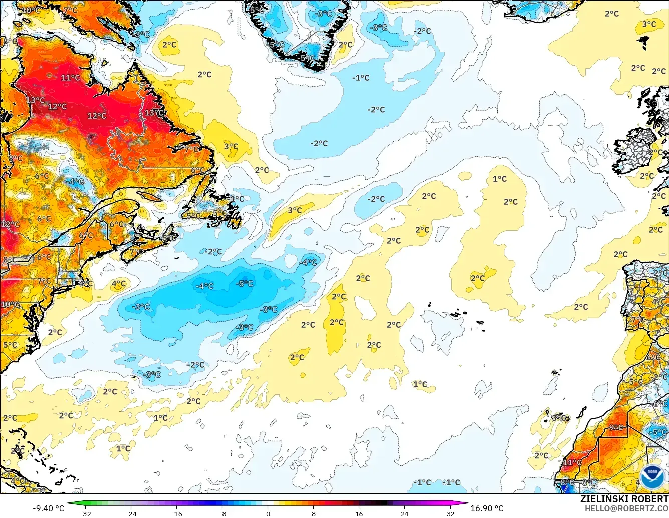 GFS modelo - Norte Atlántico, Anomalía de temperatura a 2 m