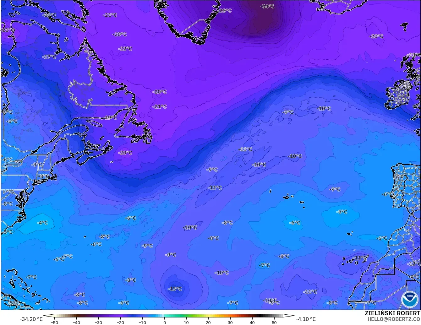 GFS modelo - Norte Atlántico, Temperatura a 500 hPa