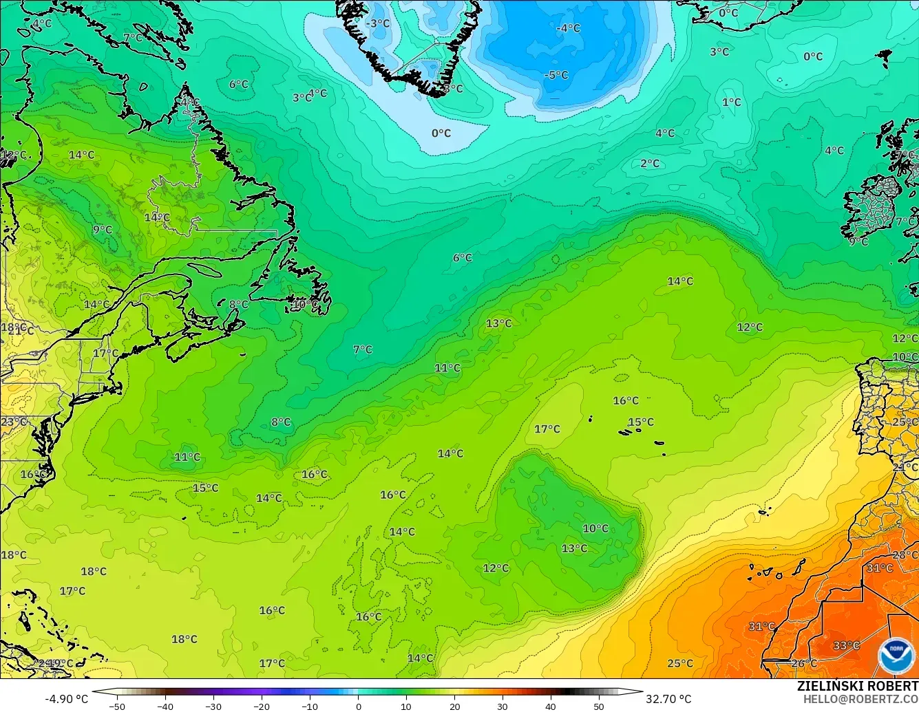 GFS modelo - Norte Atlántico, Temperatura a 850 hPa