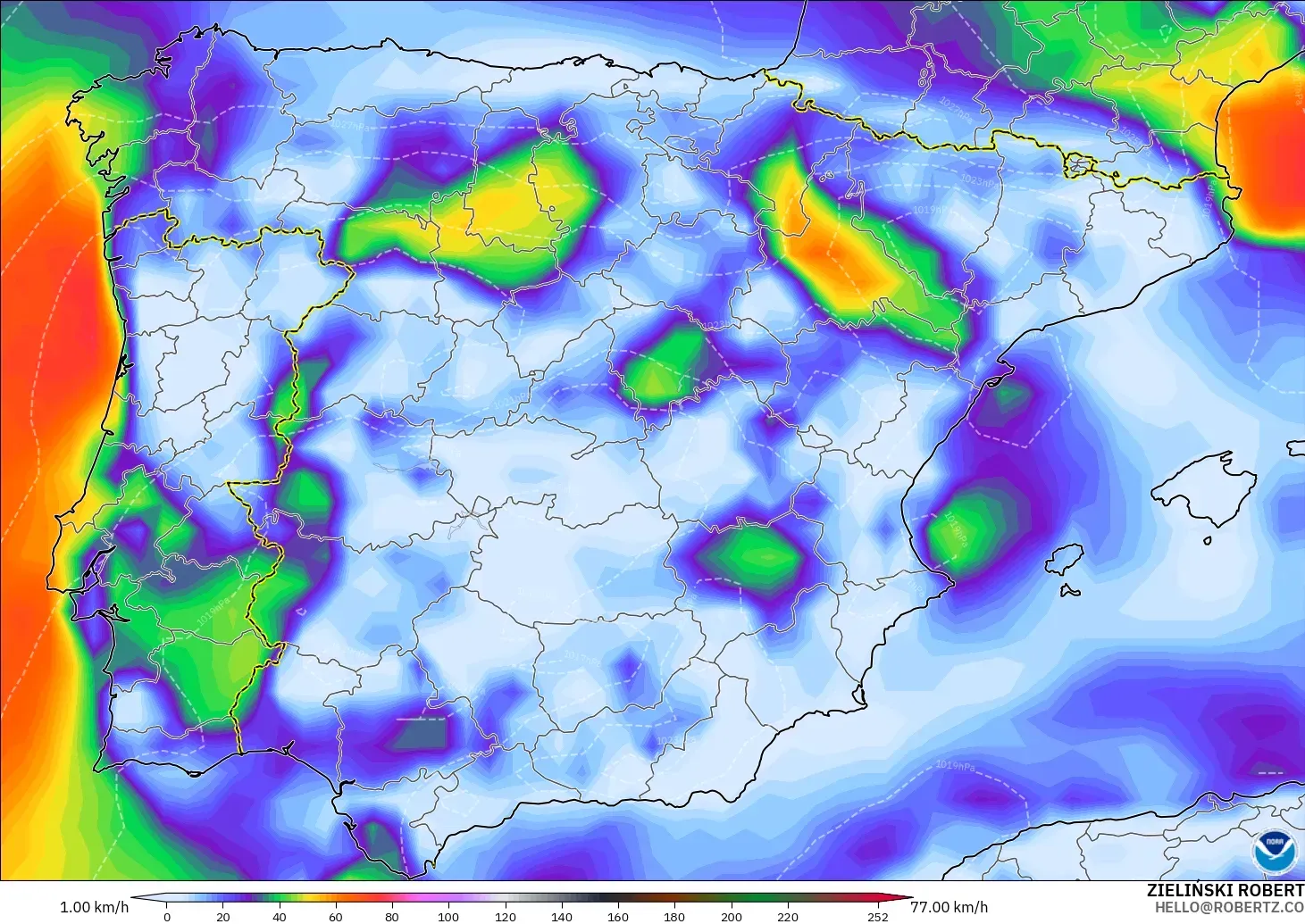 GFS modelo - España, Ráfagas de Viento Máximas
