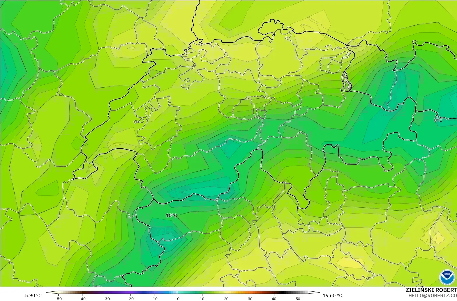 GFS modelo - Suiza, Punto de rocío a 2 m