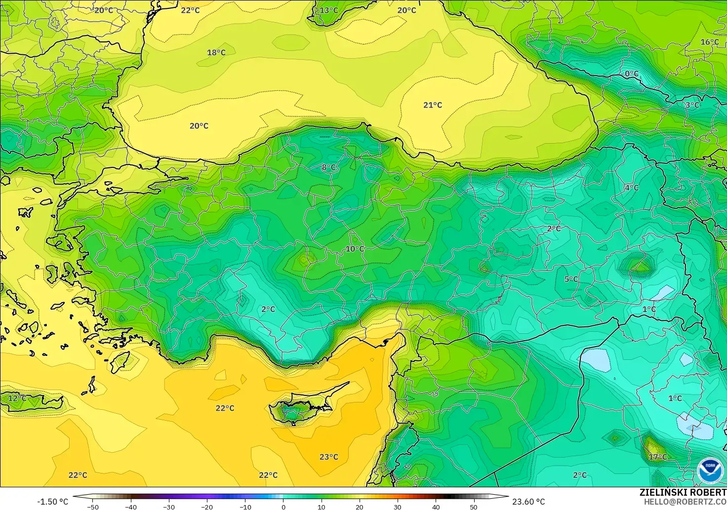 GFS modelo - Turquía, Punto de rocío a 2 m