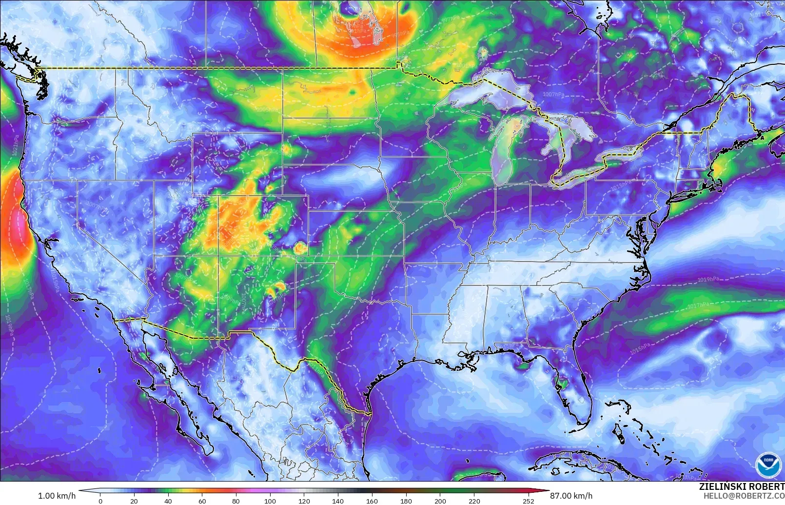 GFS modelo - Estados Unidos, Ráfagas de Viento Máximas