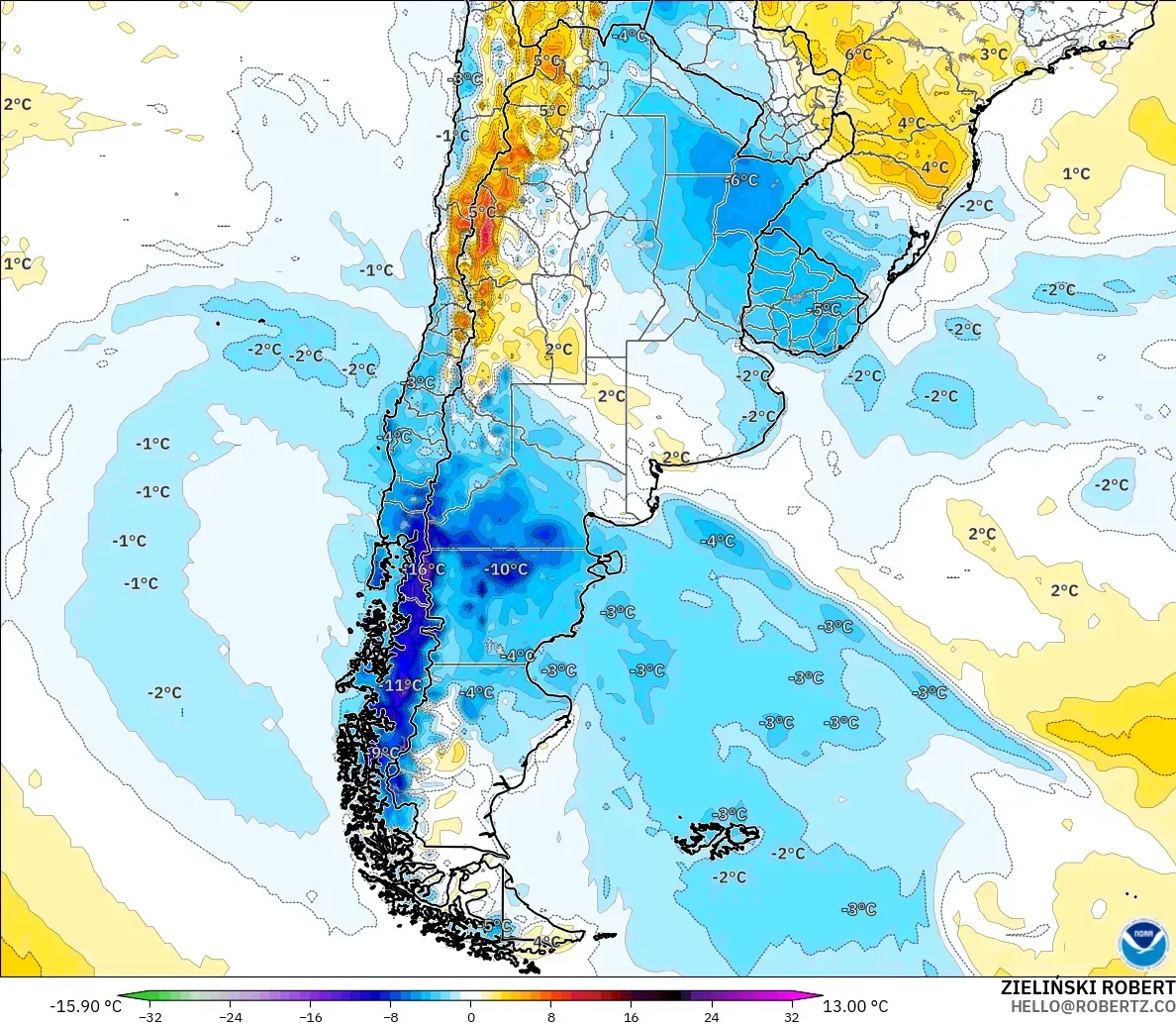 GFS modelo - Argentina, Anomalía de temperatura a 2 m
