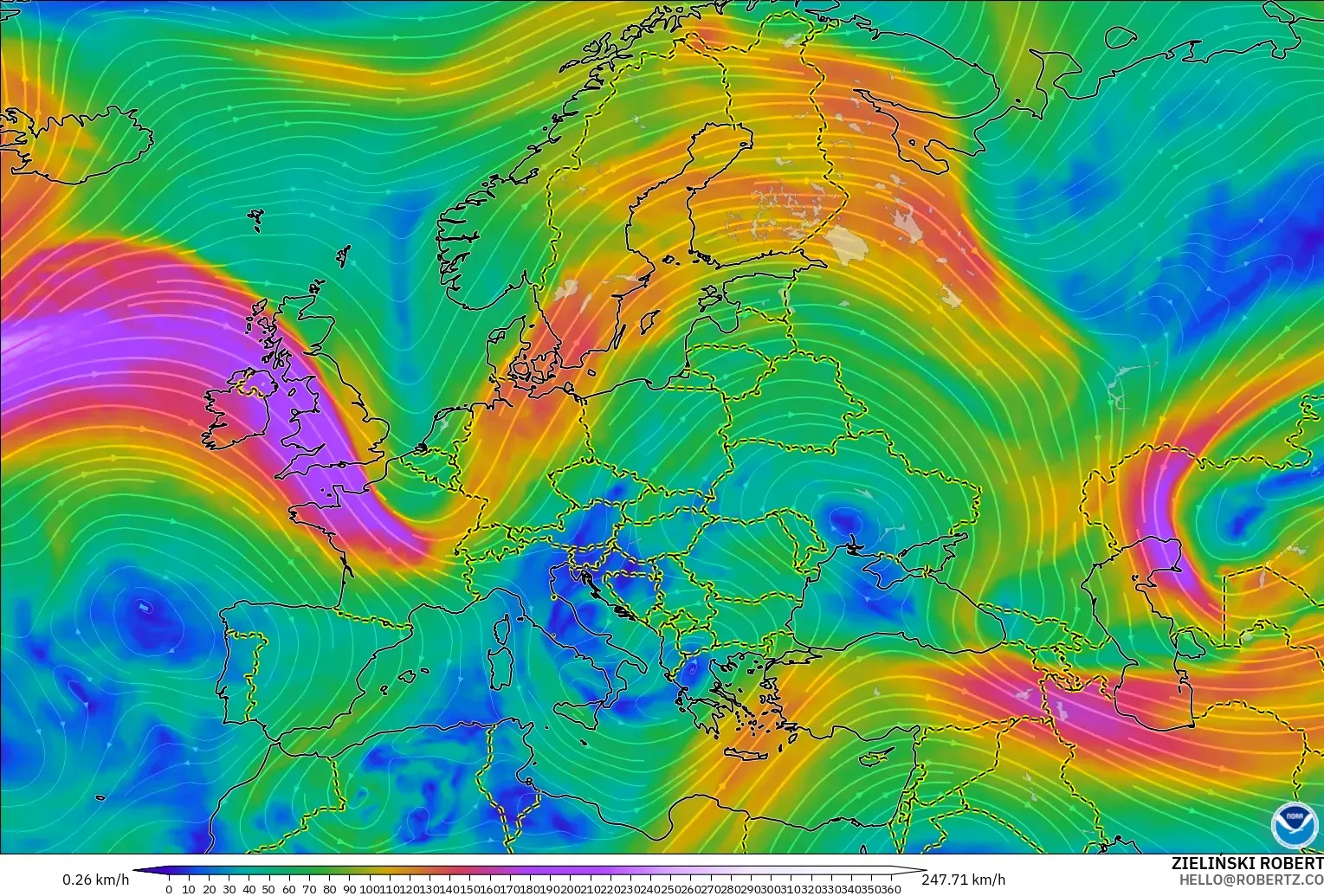 GFS modelo - Europa, Viento a 300 hPa (corriente en chorro)