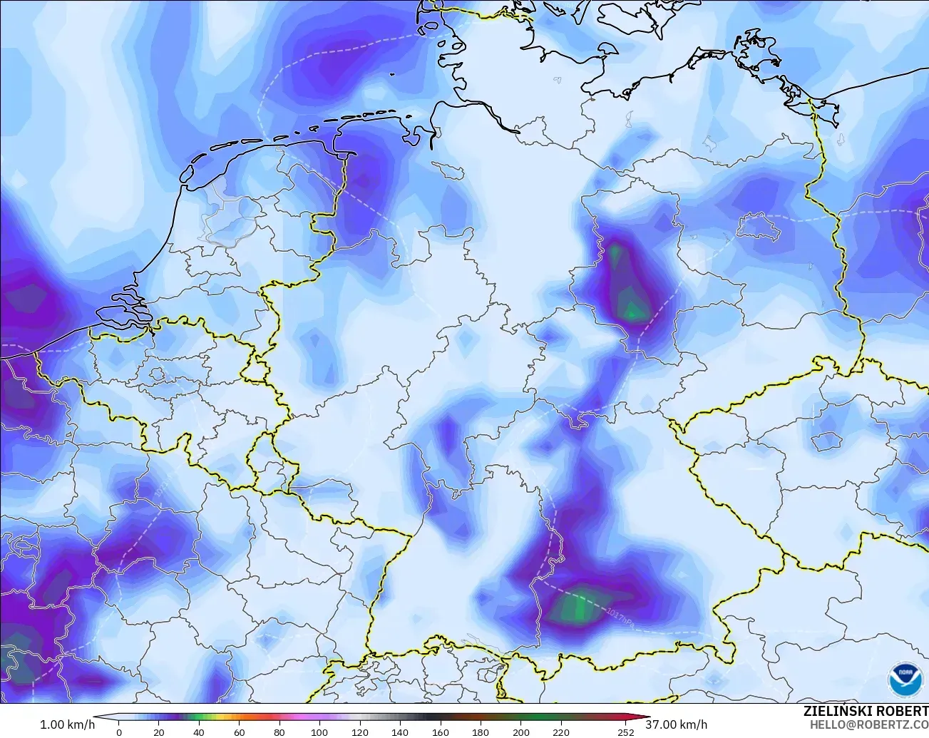 GFS modelo - Alemania, Ráfagas de Viento Máximas