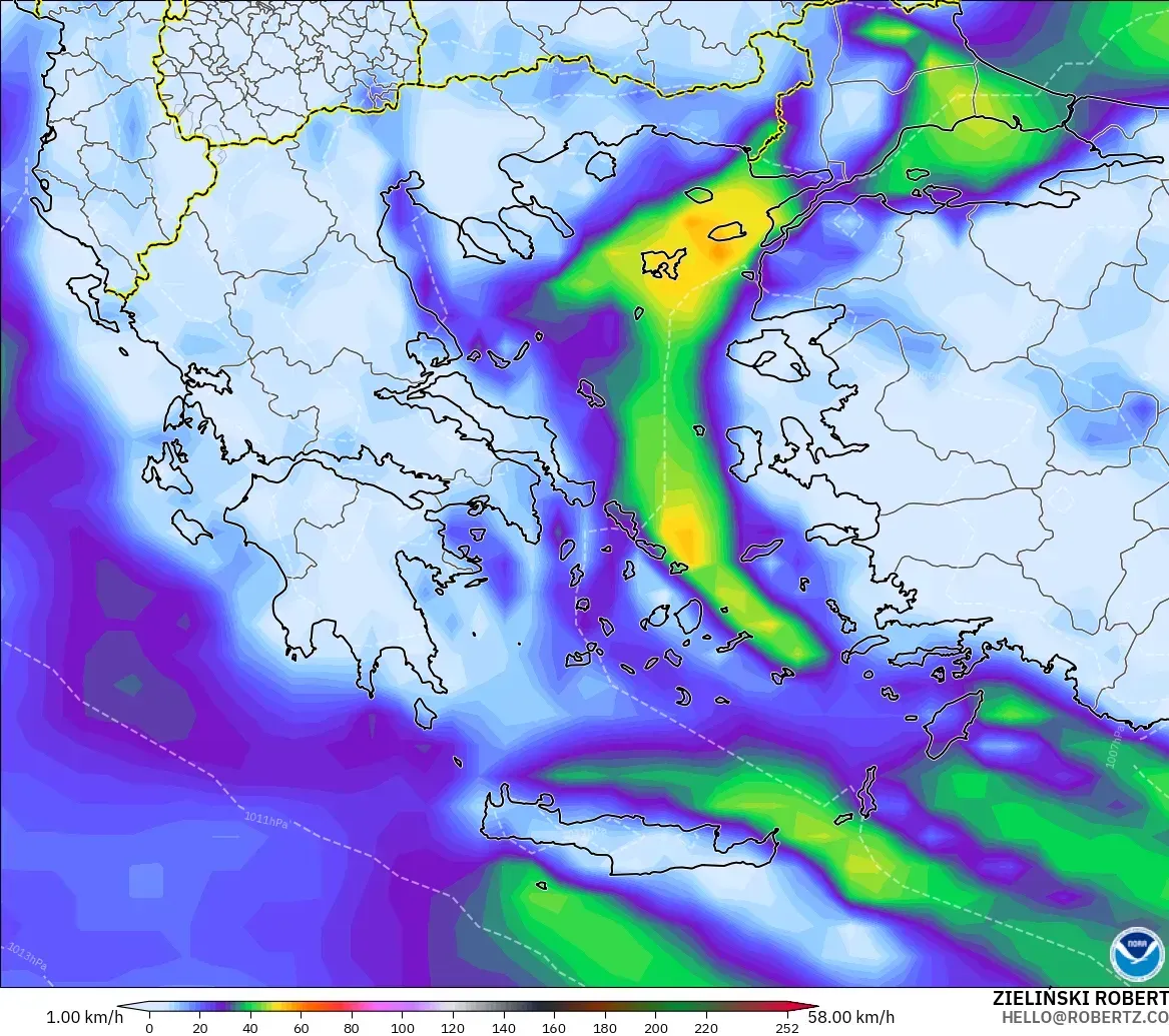 GFS modelo - Grecia, Ráfagas de viento