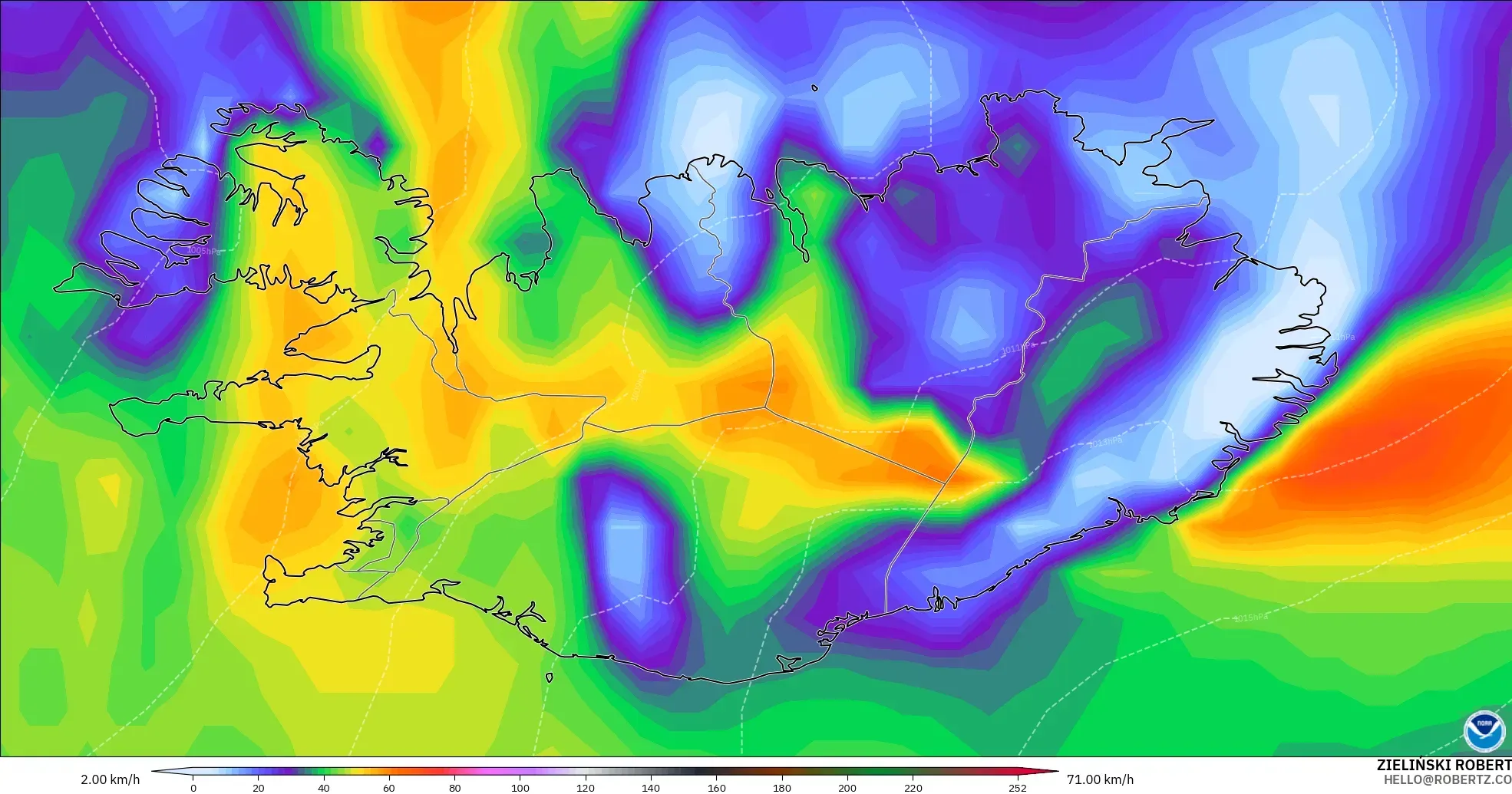 GFS modelo - Islandia, Ráfagas de Viento Máximas