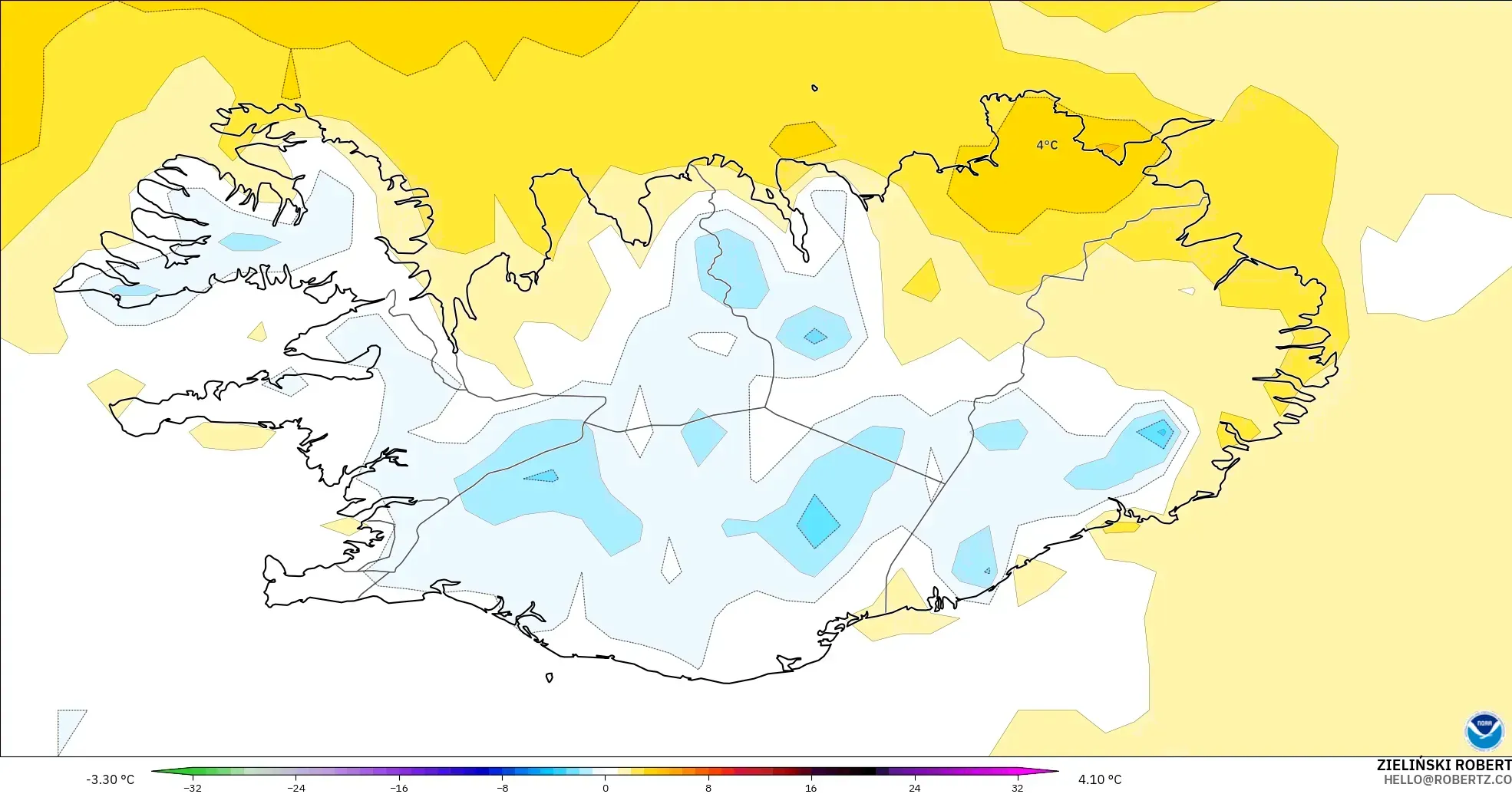 GFS modelo - Islandia, Anomalía de temperatura a 2 m