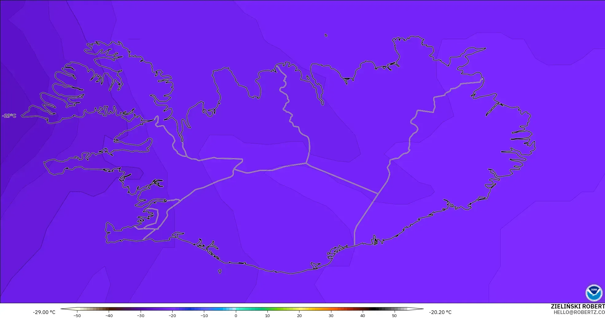 GFS modelo - Islandia, Temperatura a 500 hPa