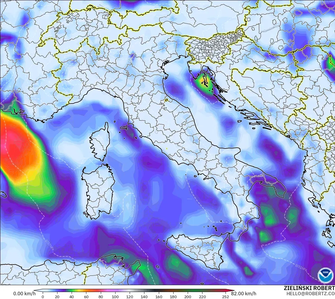 GFS modelo - Italia, Ráfagas de viento