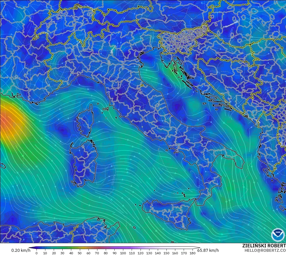 GFS modelo - Italia, Viento a 10 m
