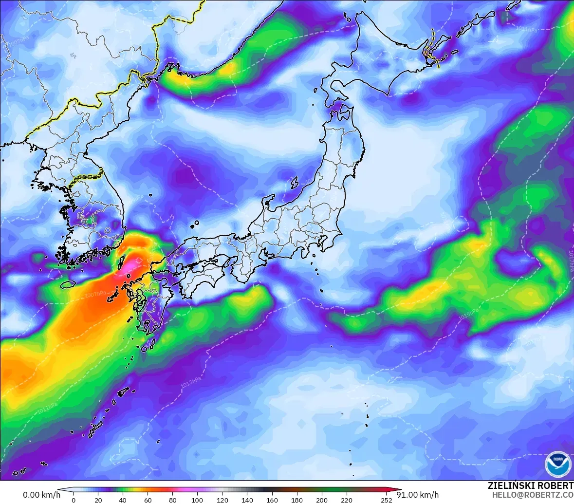GFS modelo - Japón, Ráfagas de Viento Máximas